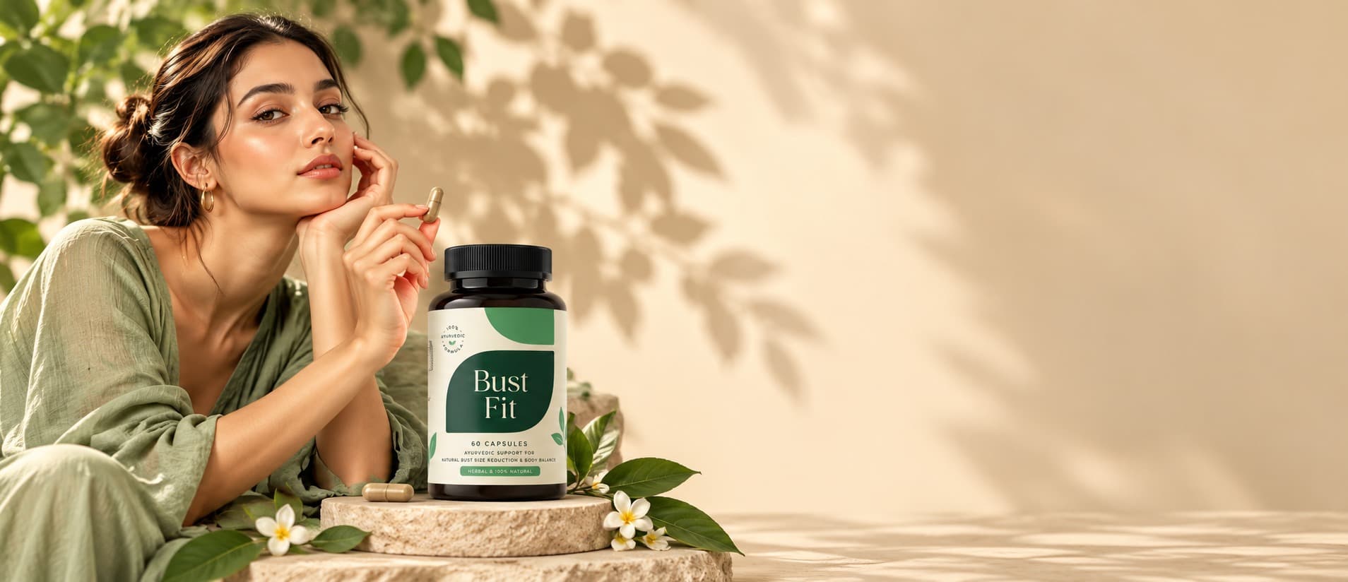 Bust Fit capsule bottle on a stone pedestal beside a woman in a sage dress holding a capsule