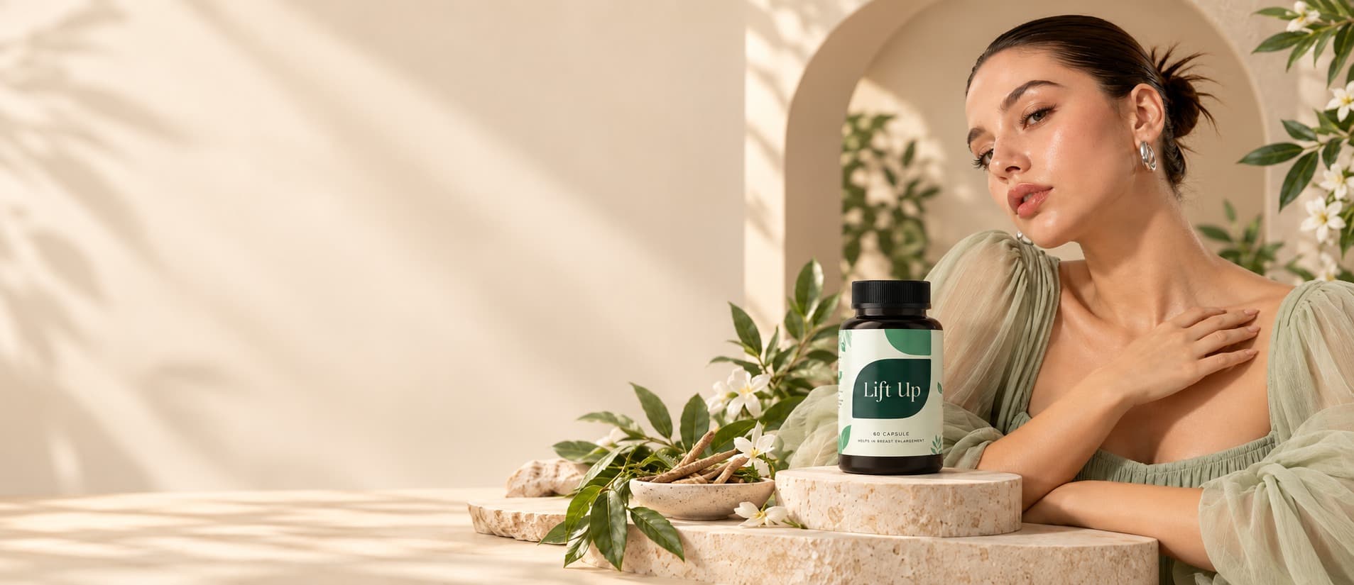 Lift Up capsule bottle on stone steps with herbs and white flowers, beside a woman in a sage dress