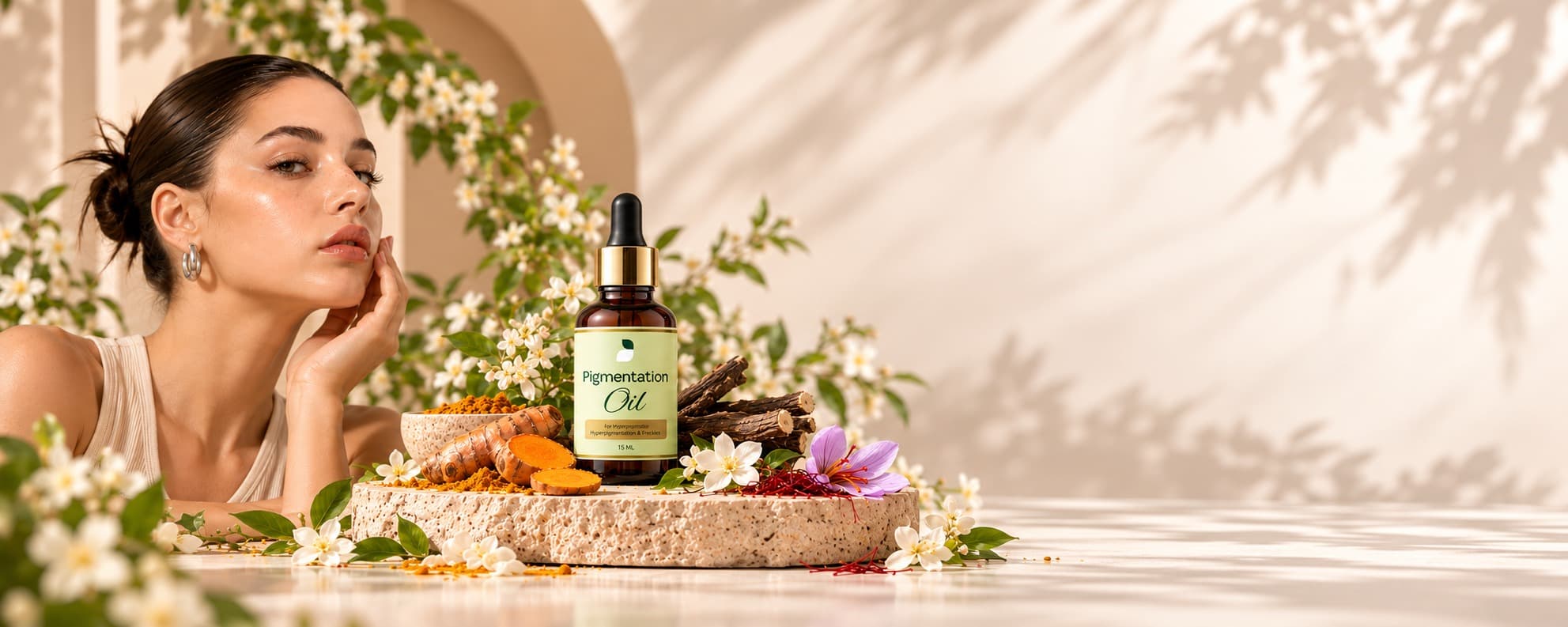 Pigmentation Oil dropper bottle among turmeric, licorice root and saffron, with a woman resting her face on her hand
