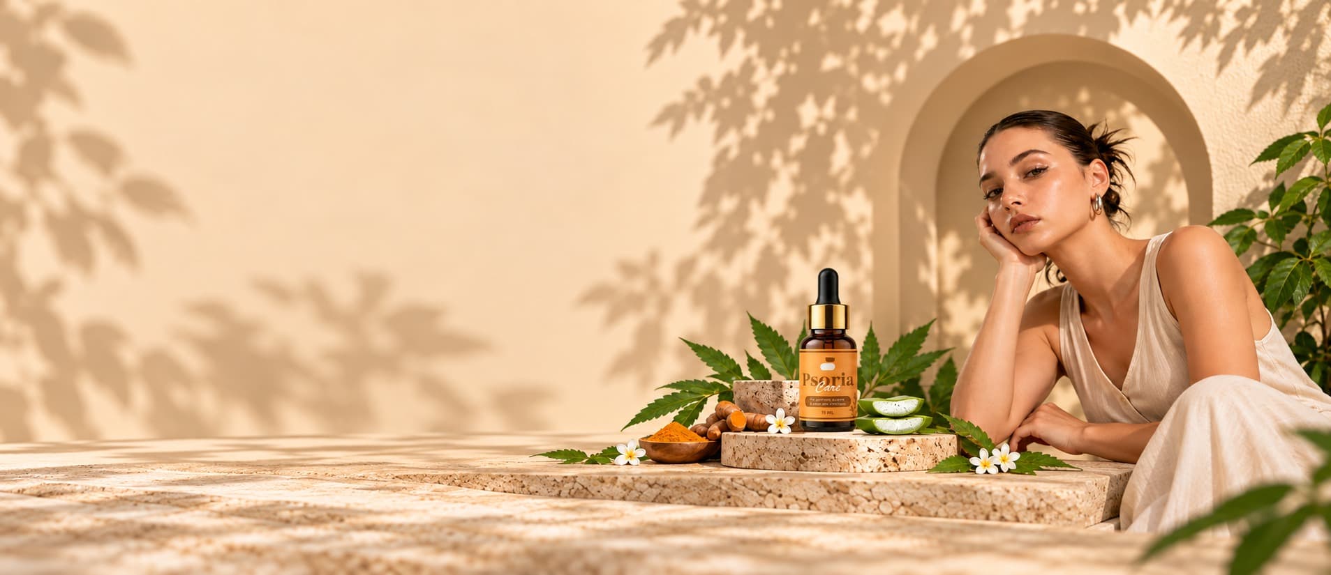 Psoria Care dropper bottle among neem leaves, aloe vera and turmeric, with a woman resting her cheek on her hand beside an arched alcove