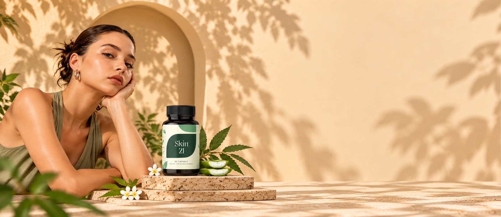 Skin 21 capsule bottle with neem leaves and aloe vera, beside a woman resting her cheek on her hand in front of an arched alcove